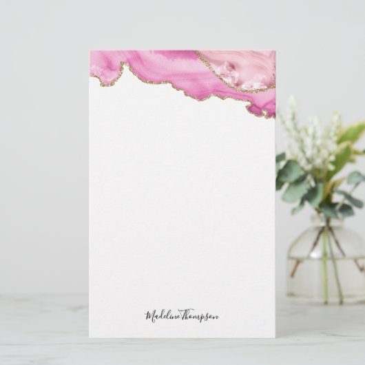 Velvet Pink Gold Agate Geode Script Typography Briefpapier (Staand voorkant)
