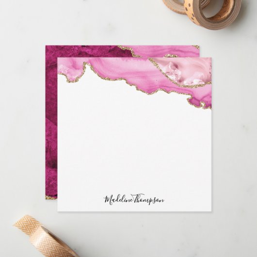 Velvet Pink Magenta Gold Agate Geode Script Square Notitiekaartje (Voorkant / Achterkant in situ)