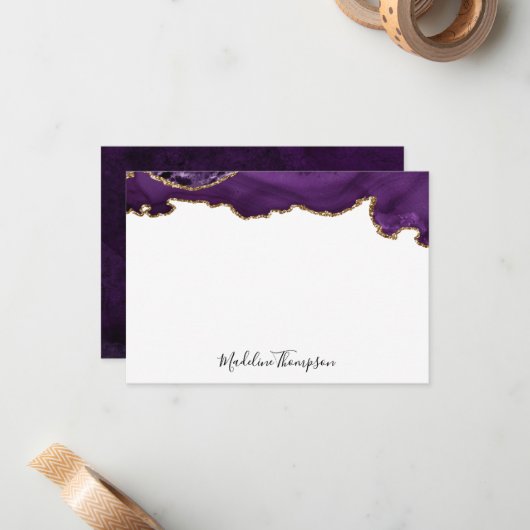 Velvet Puple Gold Agate Geode Script Typografie 2 Notitiekaartje (Voorkant / Achterkant in situ)