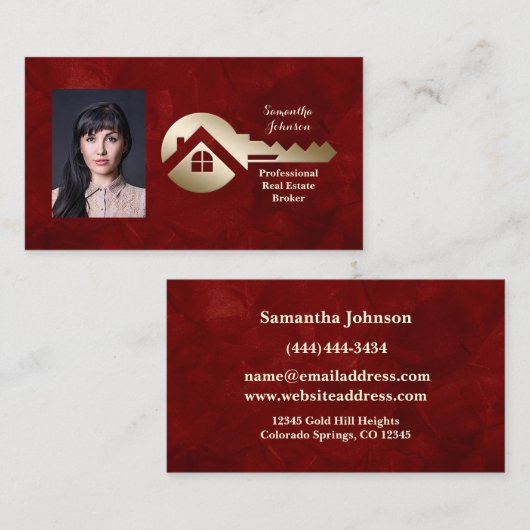 Velvet Scarlet Gold Key Real Estate Business Card Visitekaartje (Voorkant / Achterkant)