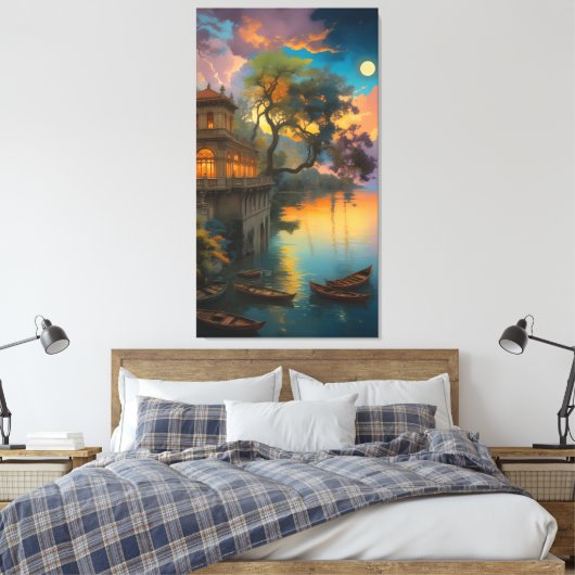 Velvet Twilight: The Lakeside Villa Canvas Afdruk (Insitu (Slaapkamer))