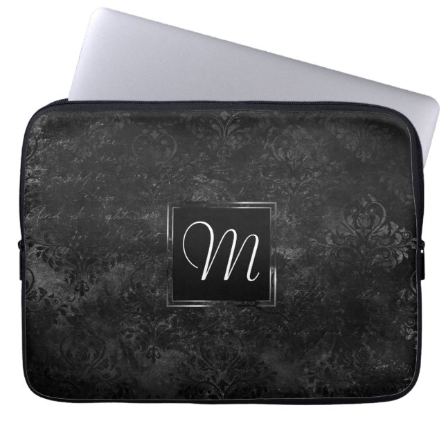Velvety Onyx Damask | Black Vampy Grunge Aangepast Laptop Sleeve (Voorkant)