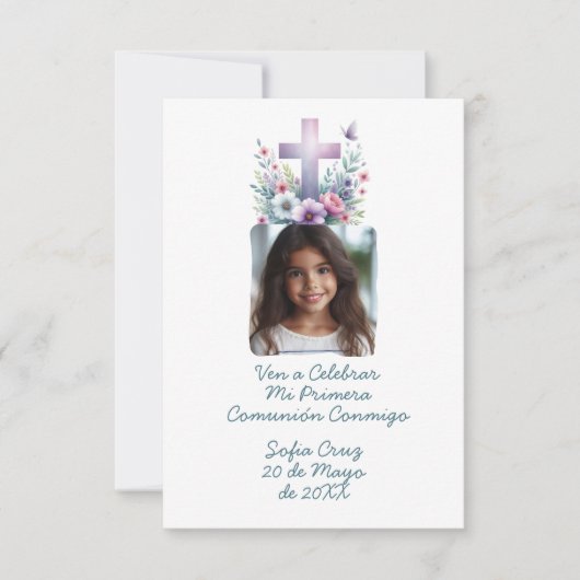 Ven A Celebrar Mi Primera Comunión con Foto Flores Bedankkaart (Voorkant)