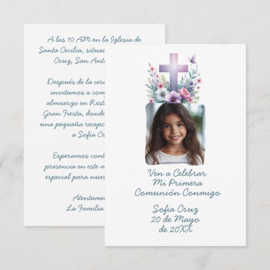 Ven A Celebrar Mi Primera Comunión con Foto Flores Bedankkaart (Voorkant / Achterkant)