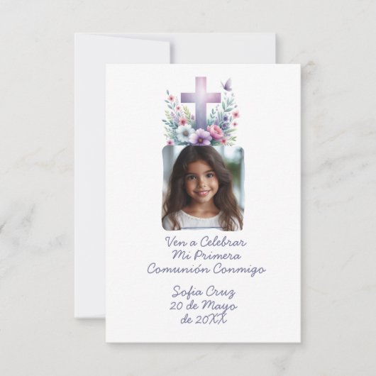 Ven A Celebrar Mi Primera Comunión con Foto Flores Bedankkaart (Voorkant)