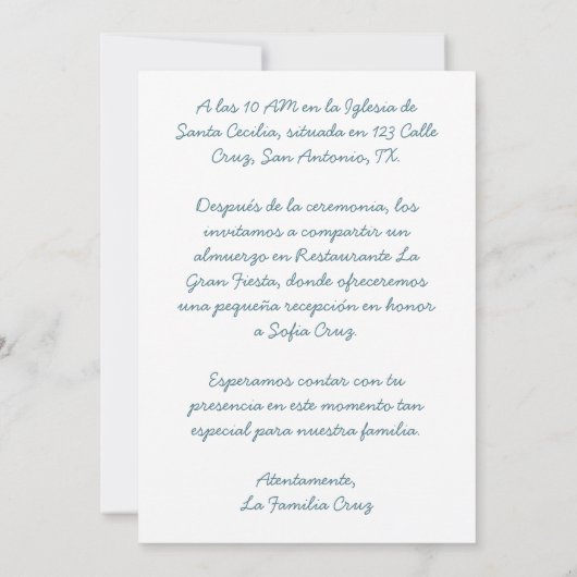 Ven A Celebrar Mi Primera Comunión con Foto Flores Kaart (Achterkant)