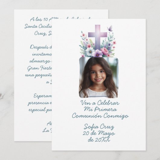 Ven A Celebrar Mi Primera Comunión con Foto Flores Kaart (Voorkant / Achterkant)