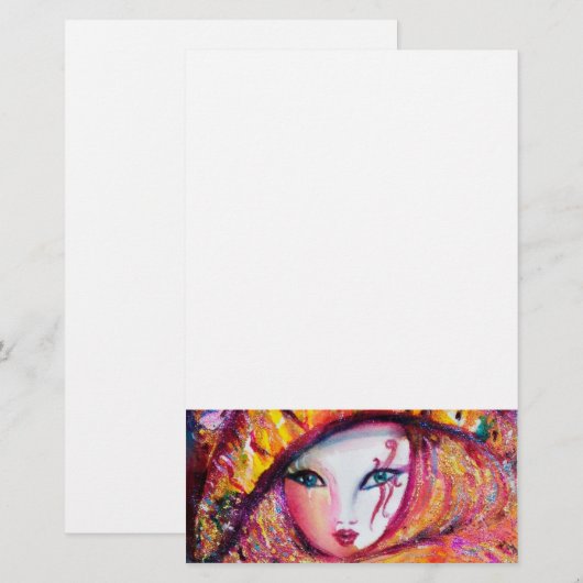 VENETIAANS CARNAVALSMASKER IN GEEL BRIEFPAPIER (Voorkant / Achterkant)