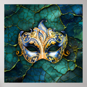 Venetiaans masker op Blauwgroen-blauwe achtergrond Poster