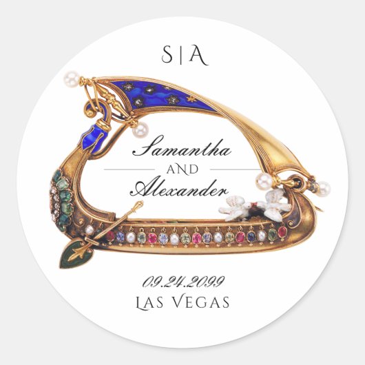 Venetiaanse gondel zwart-wit bruiloft ronde sticker (Voorkant)