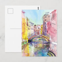 Venetiaanse kanaalbrug in roze en geel