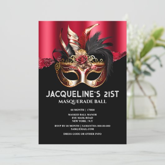 Venetiaanse maskerade verjaardagsmasker rood goud  kaart (Staand voorkant)