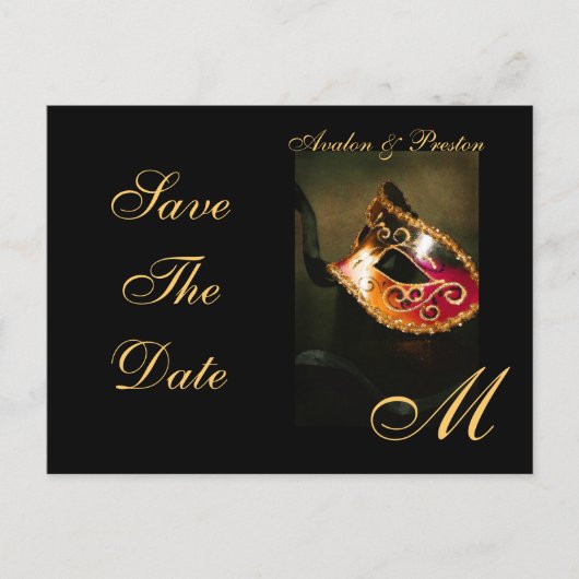 Venetiaanse Masquerade Mask Save the Date Briefkaa Aankondigingskaart (Voorkant)