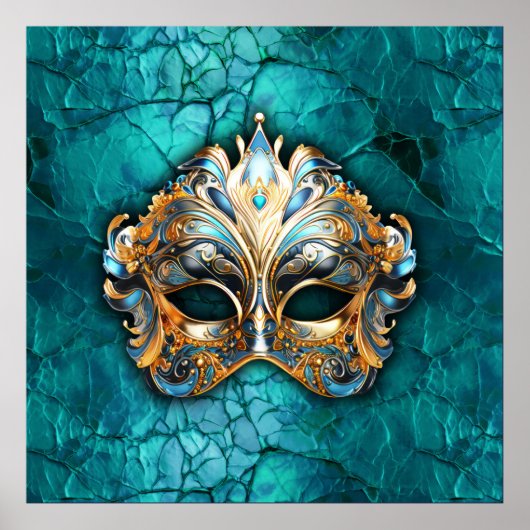 Venetiaanse Masquerade Masker op turquoise grond Poster (Voorkant)