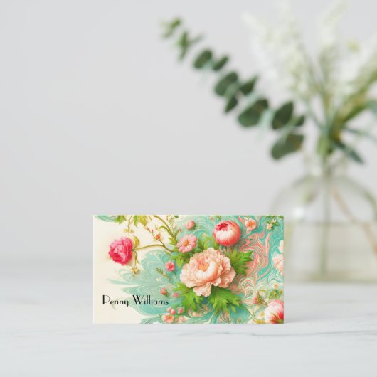 Venetiaanse roze pioenen met marmeren schilderij visitekaartje (Staand voorkant)