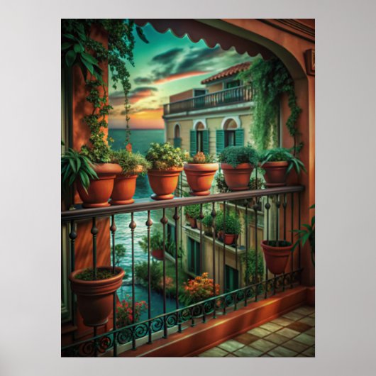 Venetian Balcony Sunset Canal View Art Poster (Voorkant)
