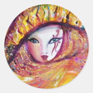 VENETIAN CARNIVAL MASK IN GOLD YELLOW RONDE STICKER
