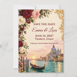 Venetian Rose Save the Date Kaart Burgundy Goud Ve
