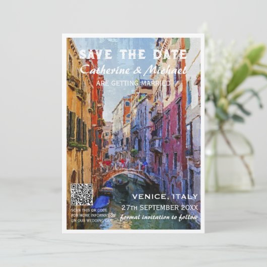 Venetië Italië Bruiloft Reizen Poster Stijl QR Cod Save The Date (Staand voorkant)