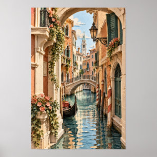 Venetië Italië Gondel Kanaal en Stenen Brug Muur A Poster