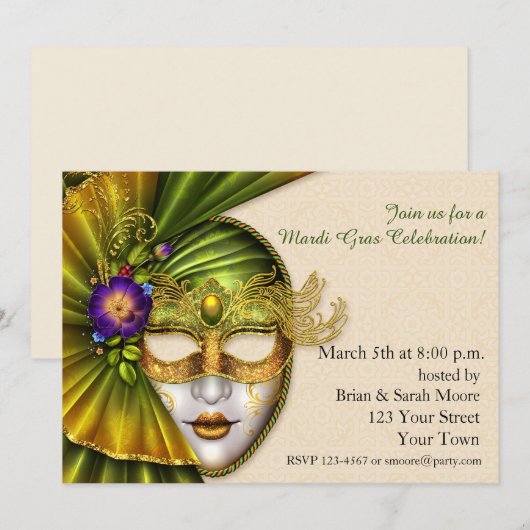 Venetion Mask, Masquerade Invitation Kaart (Voorkant / Achterkant)