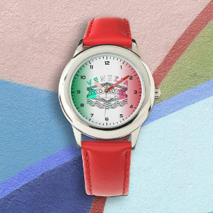 Venezia Rialto Bold Lines kinder RVS Rood Horloge