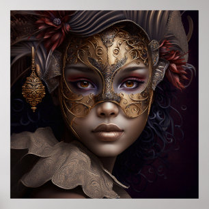Veneziaans Masker Portret in Goud en Bourgondiërro Poster