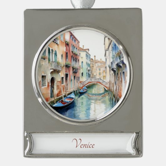 Venezian Gondolas Travel Art Waterverf Ornament Verzilverd Banner Ornament (Voorkant)