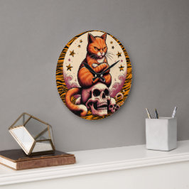 Vengeful Orange Cat, Skulls and Moon Grote Klok