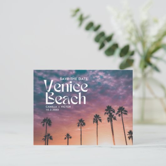 Venice Beach Bruiloft Save the Date Briefkaart (Staand voorkant)
