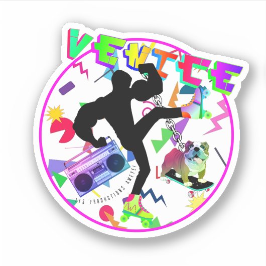 Venice Beach & Engelse buldog | 90s Neon Kleuren Sticker (Voorkant)