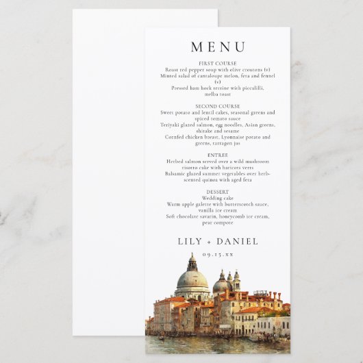 Venice Skyline Watercolor Elegant Wedding Menu (Voorkant / Achterkant)