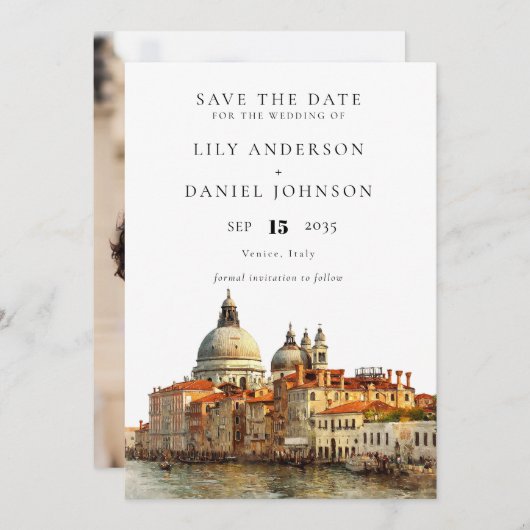Venice Skyline Watercolor Photo Wedding Save The Date (Voorkant / Achterkant)