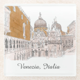 Venice St. Marks Square Pen en Ink Illustratie Glazen Onderzetter
