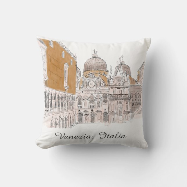Venice St. Marks Square Pen en Ink Illustratie Kussen (Voorkant)
