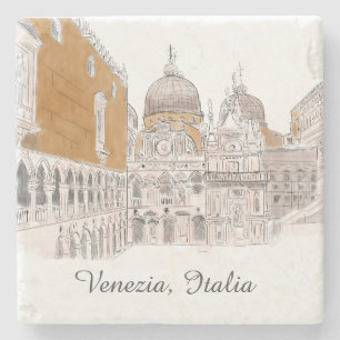 Venice St. Marks Square Pen en Ink Illustratie Stenen Onderzetter