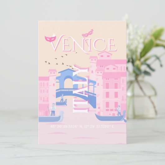 Venice Travel Art, Italië, Reiskunst, Roze Feestdagenkaart (Staand voorkant)