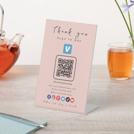 Venmo QR-code dank u scan naar modern roze betalen Reclamebord Met Voetstuk (Insitu)