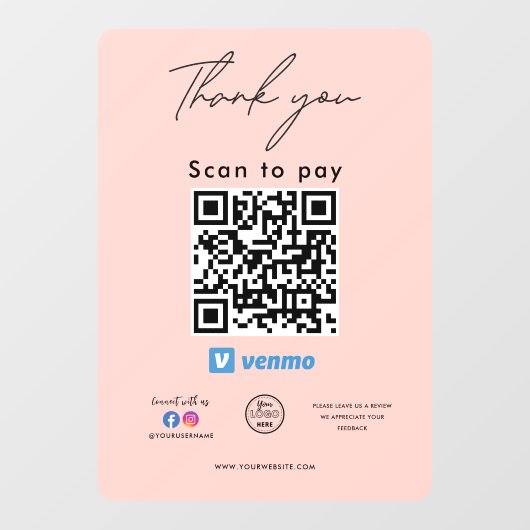 Venmo QR Code Logo Bedankt Scan om te betalen Raamsticker (Vel)