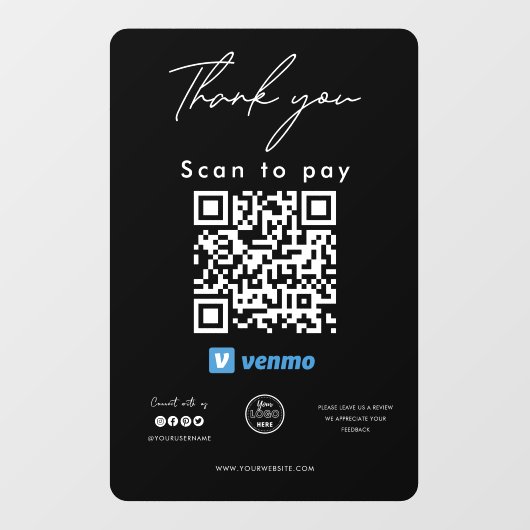 Venmo QR Code Logo Scan om te betalen Hartelijk da Raamsticker (Vel)