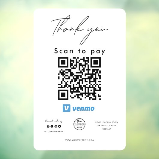 Venmo QR Code Logo Scan om te betalen Hartelijk da Raamsticker (Vel 3)