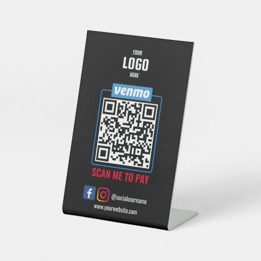 Venmo QR Code Payment | Black Scan to Pay Business Reclamebord Met Voetstuk (Voorkant)