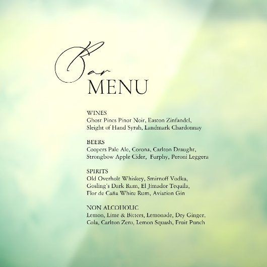 Venster Cling Bruiloft Bar Menu Sign Raamsticker (Vel 3)