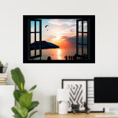 Venster Faux met strand Sunset Ocean Poster (Thuiskantoor)