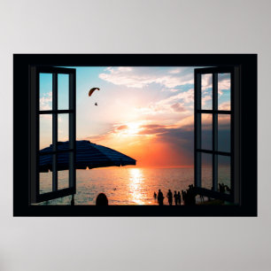 Venster Faux met strand Sunset Ocean Poster