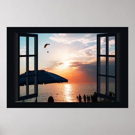 Venster Faux met strand Sunset Ocean Poster (Voorkant)