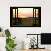 Venster Faux met strand Sunset Ocean Poster (Thuiskantoor)