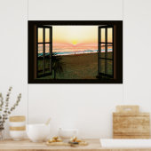 Venster Faux met strand Sunset Ocean Poster (Keuken)