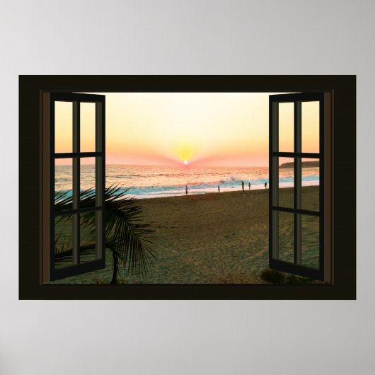 Venster Faux met strand Sunset Ocean Poster (Voorkant)