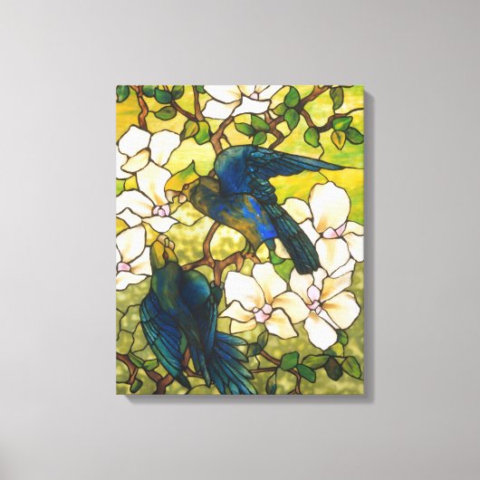 Venster Glas in lood Hibiscus en Parrots Canvas Afdruk (Voorkant)